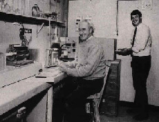The late Geoffrey Walker, the founder of Walker Ceramics, with his son David in the laboratory. 